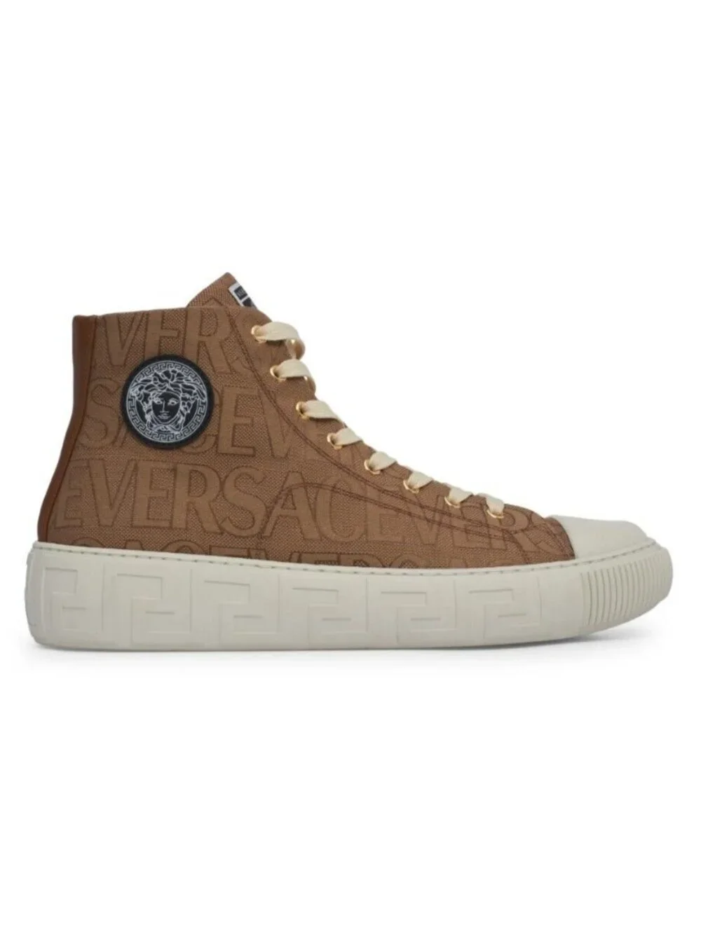 Versace Men's Greca Logo Jacquard High Top Sneaker Shoes Beige Size 47 / US 14